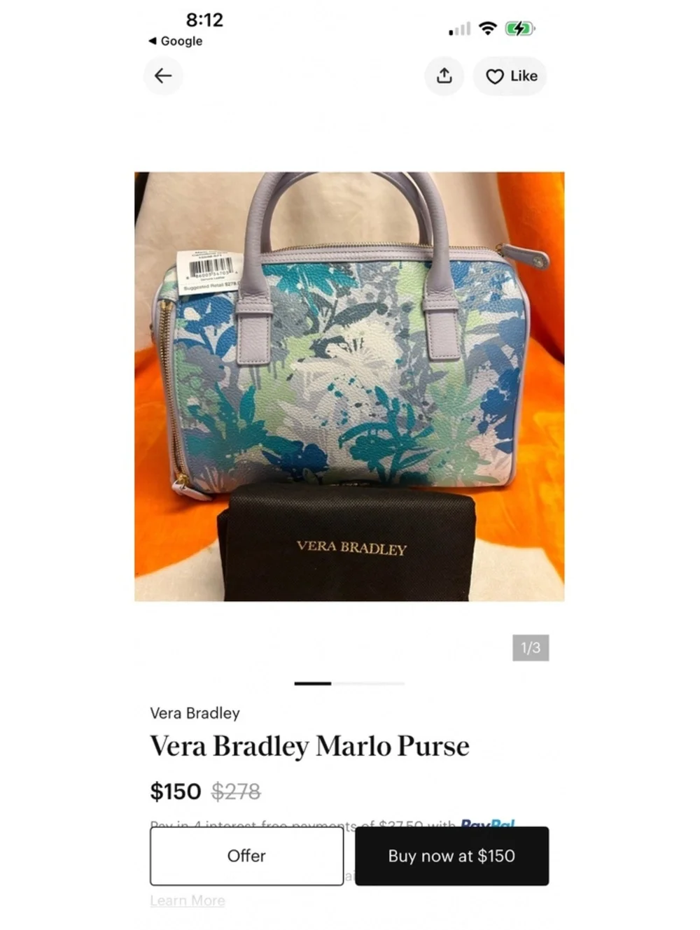 Vera Bradley Floral Pattern Leather Satchel Bag with Shoulder Strap